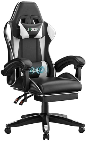 Bigzzia Gaming Chair with Massage Function Gamer Chair with Footrest | Ergonomic tilt 90°-155°, Massage Lumbar Support, Height Adjustment, for Gaming, Work, Relaxation (White)
