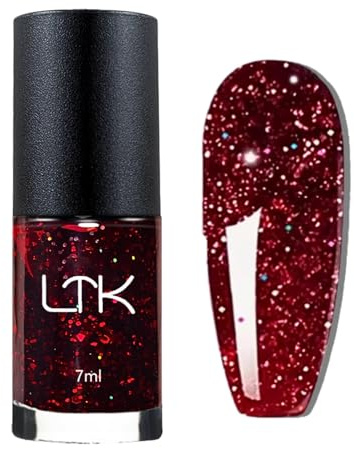 Burgundy Glitter Nail Polish - Christmas Dark Red Nail Varnish Quick Dry - Breathable Sparkly burgundy Nail Polish - Long Lasting No Need UV Light DIY at Home for Women Girls