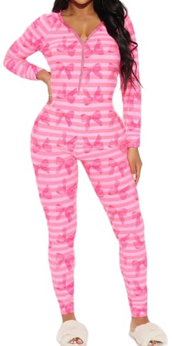 Nicoxijia Women Valentine's Bodycon Pajama Jumpsuit V Neck Long Sleeve Button One Piece Rompers Overall Sleepwear Loungewear (Rose Red, M)