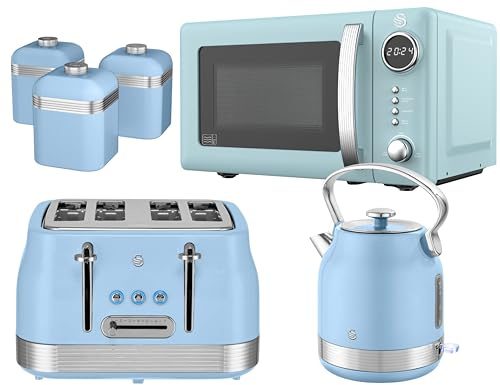 Swan Retro Revive Blue Kitchen Bundle Set – Traditional Stovetop Design Kettle, 4 Slice Toaster, 800W 20L Digital Microwave and Tea, Coffee, Sugar Canisters. Retro Gloss Finish with Chrome Accents