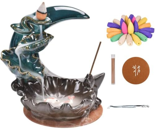 Ant Warrior Rückfluss Räuchergefäß Halter Wasserfall, Räucher rückfluss wasserfallr mit 100 Räucherkegeln+30 Räucherstäbchen, Keramik Räucherkegel für Heimdekoration (Grün)