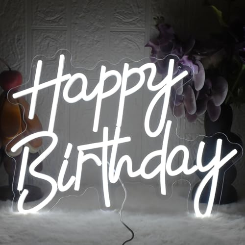 YUEYYNS Happy Birthday Letrero de Neón,Luces de Neón blanco de Feliz Cumpleaños, alimentado por USB, regulable, decoración de letras para fiestas de cumpleaños