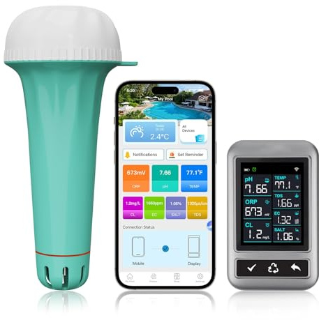 RYAKKA Intelligenter Pooltester 7-in-1, Wiederaufladbar, WLAN & App Steuerung, Automatische Messung für Pool & Whirlpool, Digitaler Wasser Tester für pH, Chlor, Salz, Temp, ORP, EC, TDS（Grau）