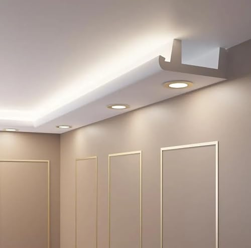 OL-18 - Tira de estuco LED de 2 metros (75 x 190 mm) para iluminación indirecta, perfil de luz XPS para tiras LED y focos halógenos, resistente al agua, para pared y techo, color blanco nieve