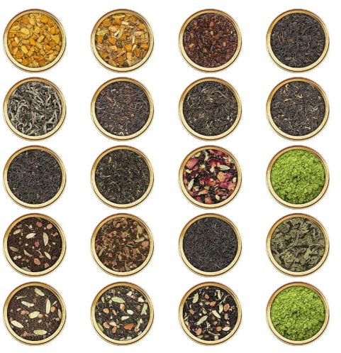 VAHDAM Coffret Dégustation Thés du Monde | 20 Thés en Vrac, 100 Tasses | Thé Noir, Vert, Oolong, Blanc, Chai & Tisane | Non-OGM & Sans Gluten | Idée Cadeau Femme et Homme