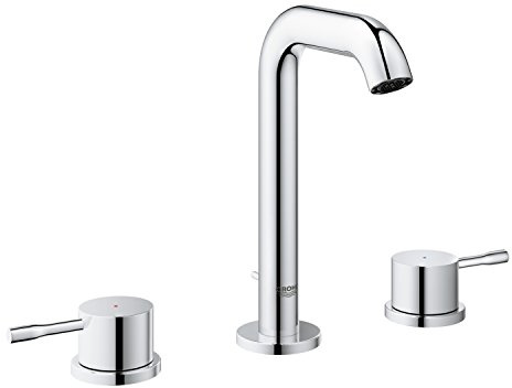 GROHE Essence, Waschtischarmatur hoch, wassersparend (3-Loch Wasserhahn für das Bad, Badarmatur mit Zugstangen-Ablauf, 19cm hoch, Armatur mit 2 Griffen, verstellbarer Mousseur), chrom, 20296001