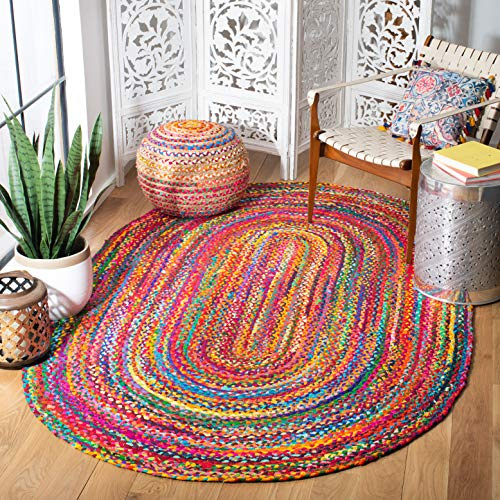 SAFAVIEH Zeitgenössische Teppich für Wohnzimmer, Esszimmer, Schlafzimmer - Umkehrbar - Braided Collection, Kurzer Flor, Rot und Mehrfarbig, 152 X 244 cm | 0,6 cm Flor, handgewebt, Baumwollfasern, Innenteppich, strukturiert, ovaler Teppich, Wohnzimmer, Schlafzimmer, Esszimmer