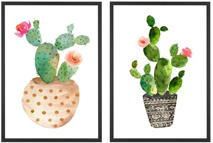 Din A4 Kunstdruck 2-teilig ungerahmt - Kaktus mit Blüten Aquarell Natur Topfpflanze pink, Gemälde, Deko, Geschenk Druck Poster Bild