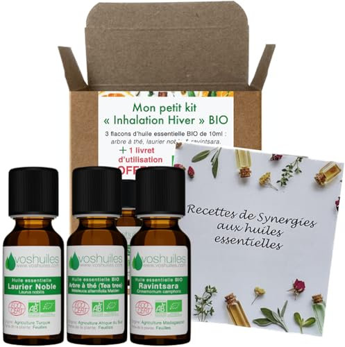 VOSHUILES - Kit d'huiles essentielles BIO Ravintsara- Laurier Noble- Tea Tree 3x10ml - Mon Petit Kit Inhalation Hiver - 100% Pure et Naturelle - HEBBD et ECOCERT