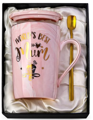 Gifts for Mum, World's Best Mum Coffee Mug, Mums Birthday Gifts for Mummy | 14OZ Ceramic Coffee Cup Gift Set with Gold Rimmed Decoration, Best Mum Gifts from Daughter Son, Dishwasher and Microwave Safe