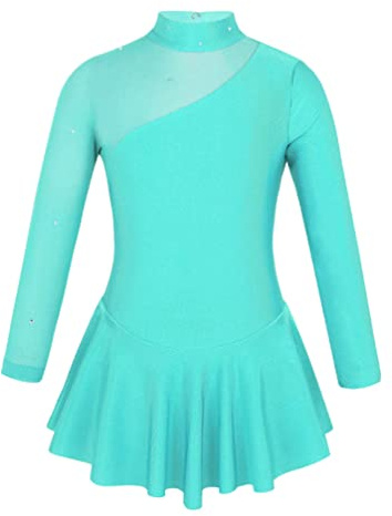 TiaoBug Mädchen Eiskunstlauf Kleid Ballettkleid Ballettanzug Langarm Body Ballett Trikot Turnanzug Eislaufen Bekleidung Wettbewerb Kostüm gr. 98-164 Mint Grün 140