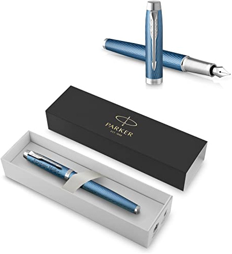 PARKER IM Premium Füllfederhalter mit Gravur | Premium Stift | Geschenkbox | blaue Tinte | personalisiertes Geschenk | Namen | graviert | Füller | Geburtstag (Blue Grey C.C.)