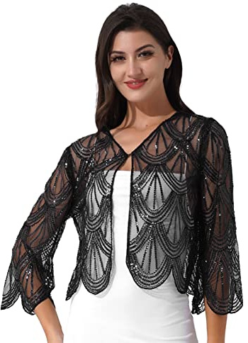 FEESHOW Damen Umhang Cape Retro Pailletten Stola Schal 1920s Bolero Für Hochzeit Braut Abendkleid Brautkleid Festlich Gala kleid Schwarz E Einheitsgröße