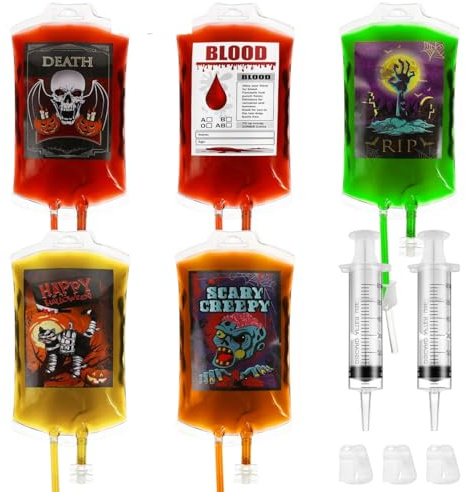20Stück Halloween Blutbeutel für Getränke: 250 ml Wiederverwendbare Halloween Blutbeutel Trinkbeutel Getränkebeutel, Saftbehälter, IV-Beutel-Set mit Clips für Maskerade, Vampir, Zombie