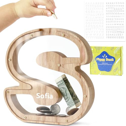 DBPBToU Spardose Kinder Holz Buchstaben Spardose (S) | Personalisiert Sparschwein Kinder，Durchsichtiges, Geburtstag Geschenk/Heimdekoration/Keepsake