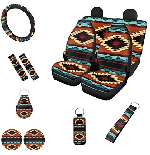 Belidome Aztec Southwest Sitzbezug, komplettes Set mit 12 Stück, Autositzbezüge, Lenkrad-Sicherheitsgurtbezüge