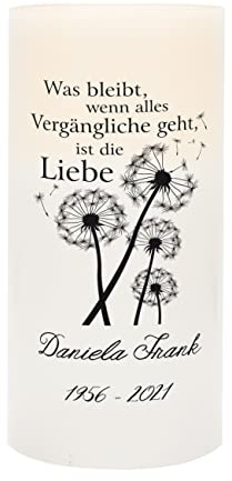 Herz & Heim® LED Kerze als Trauerkerze mit Namen und Daten für Kondolenz Pusteblume