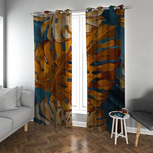 RUIHOME Decor Ösen-Verdunkelungsvorhänge Gelbe Bananenblatt-Bedruckte Vorhänge Wärmeisolierte Vorhänge für Schlafzimmer Grünpflanzen Landschaft EIN Paar 168x183cm