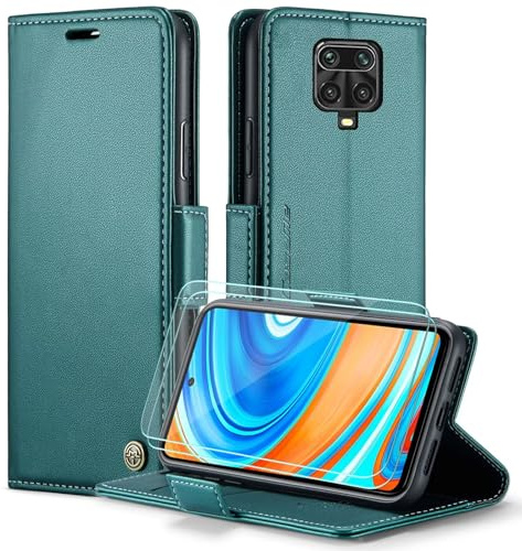 FERLAN Funda para Xiaomi Redmi Note 9S/Redmi Note 9 Pro + 2 Piezas Cristal Templado,Compatible con Carga inalámbrica, con Bloqueo RFID, Hebilla Magnetica, Ranuras para Tarjetas,Azul Verdoso