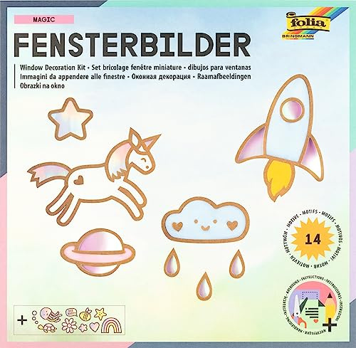 folia Fensterbilder Bastelset Magic 14 Motive 20 Teile Papier Kraftpapier Kunststoff Motivgröße 2.7 bis 21 cm PEFC Zertifiziert Made in Germany Ganzjährig Vorgestanzt Bastelset