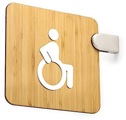 SIGNS - Panneau double face à drapeau, en relief salle de bains handicapés, restroom, toilettes, wc. Panneau en saillie pour couloir et environnements. (Classic Bamboo - handicapé)
