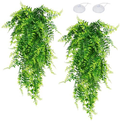 QUOZUO 2 Pack Reptile Plants Terrarium Hanging Plant Artificial Leaves Reptile Hide with Suction Cup, Reptile Tank Accessories for Bearded Dragon Lizard Snake Geckos Chameleon