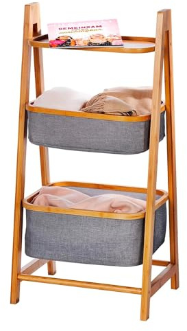Avilia Scaffale Portaoggetti in Bambu' con 2 Cesti Porta Biancheria in Poliestere e Un Ripiano, per Camera e Bagno, 33x45x99cm