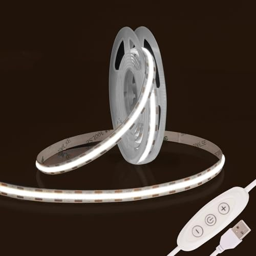 Fosingut COB LED Streifen 2m,5V USB LED Strip Kaltweiß Dimmbar,6500k CRI 90+ 960 LEDs Lichtleiste COB Band Selbstklebend Stripes für Küche,TV LED Hintergrundbeleuchtung,Spiegel,PC,Schlafzimmer