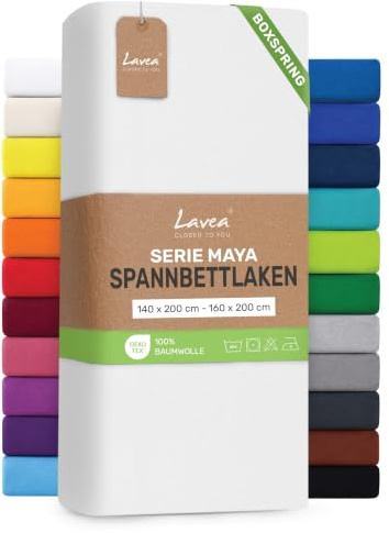 Lavea® Spannbettlaken 140-160x200 cm - für Boxspringbett – Weiß | Jersey Spannbetttuch mit 40 cm Steghöhe, 100% Baumwolle, weich, atmungsaktiv, pflegeleicht, formstabil – Perfekte Passform