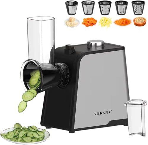 SOKANY 1000W Cortador Verduras Eléctrico, Rallador Eléctrico de Verduras y Fruta con 5 Accesorios de Acero Inoxidable Cilindro, Operación de un Solo Toque, Fácil Limpieza (SK-06018)