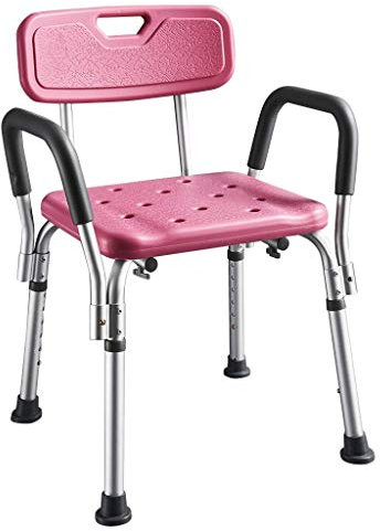 Sedia da doccia regolabile con braccioli e schienale per anziani o disabili, sedile per vasca da bagno rosa per grandi utenti