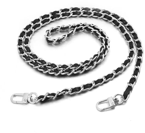 Nhgkju Tasche Taschenkette Kette Metallkette Schulterriemen Schräg Kette Tragen Leder Pu Leder Leicht Abnehmbar 120 cm (Silber + Schwarzes Leder)