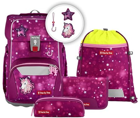 Step by Step Giant Schulranzen-Set „Sweet Unicorn Nuala“, 5-teilig, rosa, ergonomischer Tornister mit Reflektoren, höhenverstellbar mit Hüft- und Brustgurt, für Mädchen ab der 1. Klasse, 23 Liter