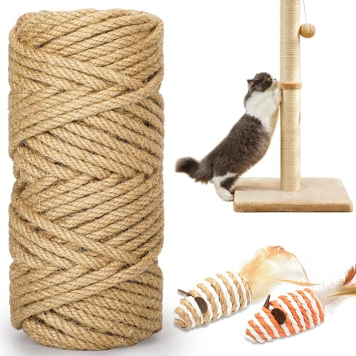 HezzLuv Cuerda de sisal para rascar gatos de 30 m, cuerda de yute natural de 6 mm de grosor para postes de rascar, árboles de gato, proyectos de bricolaje, cuerda de sisal para rascar gatos con 2