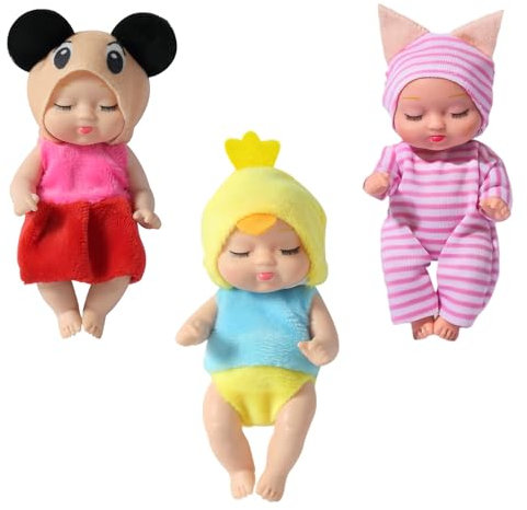 3Pcs Mini Reborn Dolls with Animal Clothes, Cute Little Realistic Miniature Baby Dolls for Girls Boys Kids Toddlers Christmas Birthday Gift