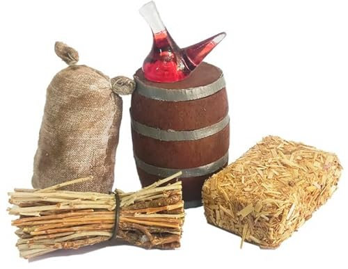 Acan Tradineur - Pack de Utensilios para Belén de Resina, Incluye Barril, Saco, paca de Paja, Madera y porrón de Vino, Nacimiento, Pesebre, Navidad, decoración, Fabricado en España, 5 cm