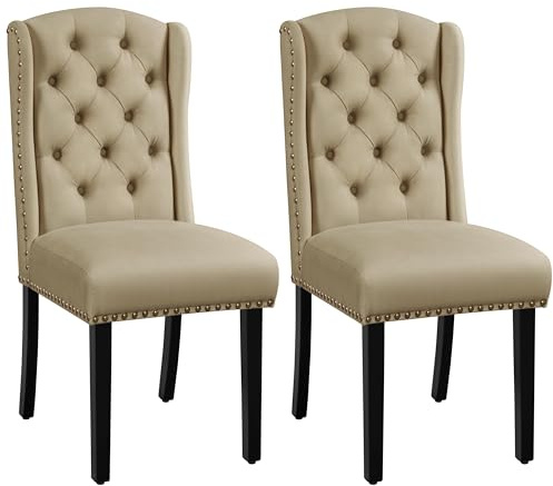 Yaheetech Classic Dining Room Chairs Set of 2 with Wooden Legs, Khaki | Button Tufted Kitchen Chairs with High Back & Thick Seat Cushion, Upholstered Dining Room Chairs for Dining Room Home