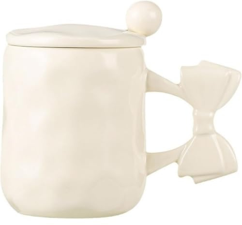 Huiyiwert Tasse à café mignonne - 450 ml - Grande tasse à café avec couvercle et cuillère - Poignées en forme de nœud mignon - Tasse à lait en céramique - Idée cadeau pour femme, petite amie, collègue