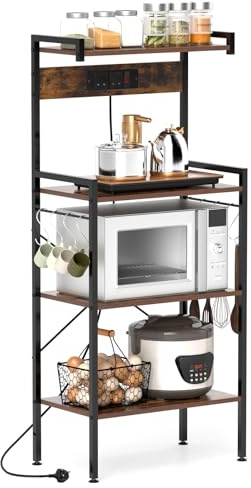 TANGZON 4-Tier Baker’s Rack, Metal Frame Microwave Stand with Charging Station, 8 Hooks & Anti-tipping Kits, Utility Kitchen Shelves Organiser Coffee Bar Stand for Spices Pots Pans