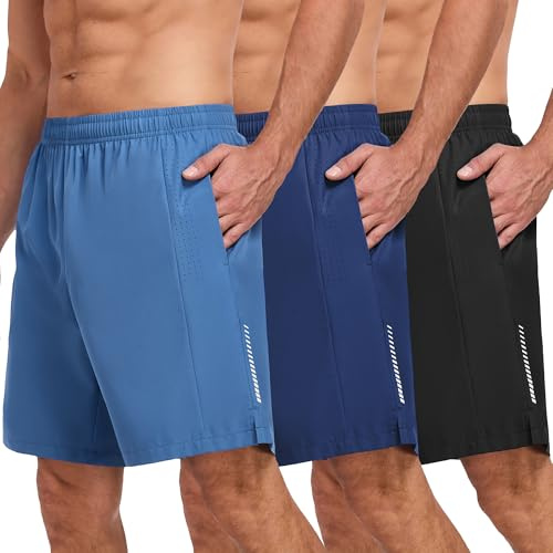 xtuwkzo Sportshorts för män 3-pack sommar shorts löpning snabbtorkande träning fitness korta arbetsbyxor med fickor, Svart, ljusblå, marinblå, XXL