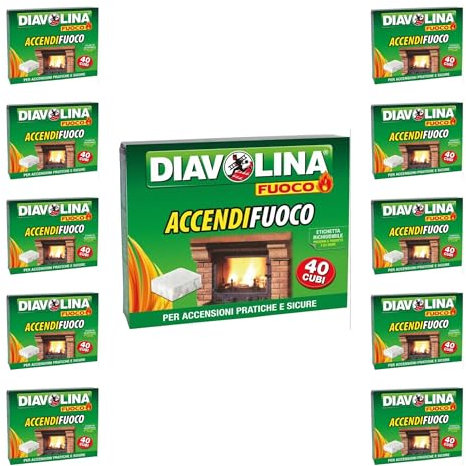 5 x Diavolina Accendifuoco 40 Cubetti, Accensione Rapida e Sicura, A Base di Kerosene, Confezione Richiudibile Salva Odori, Ideale per Camini, Stufe e Barbecue (5)