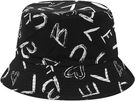 Quanhaigou Bucket Hat for Men Women,Packable Reversible Printed Sun Hats,Fisherman Outdoor Summer Travel Hiking Beach Caps (Letters Black White)
