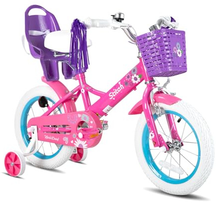 STITCH Little Daisy 12 Inch Kids Bike for 2-4 Years Girls with Stabilisers & Doll Seat, 12 Inch Princess Girls Bike with Basket & Streamers,Purple