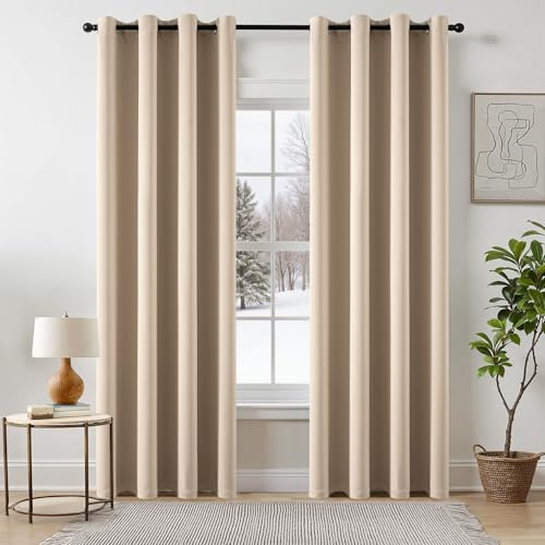 EMEMA Tende oscuranti beige con occhielli, lunghezza 215 cm, morbide tende oscuranti di stanze, set da 2 tende oscuranti per soggiorno, camera da letto, tende oscuranti con occhielli, ogni altezza 215