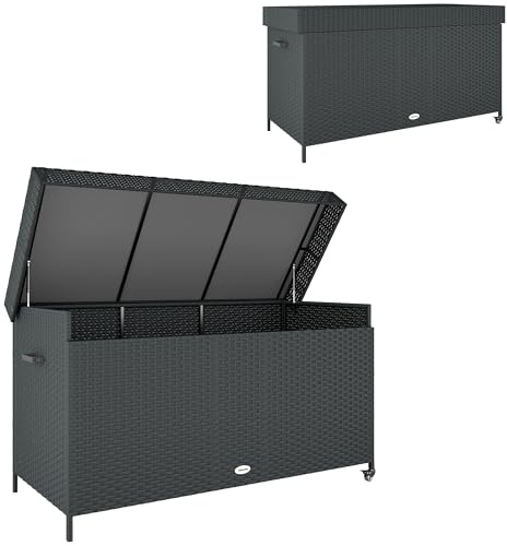 Outsunny 627 L Rattan Garden Storage Box, Outdoor Garden Cushion Storage Box with Gas Lift Lid and Wheels, Outdoor Rattan Chest Container for Cushions, Pillows and Tools, Black