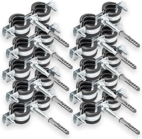 10 x Doppel Rohrschelle + 10 x Dübel + 10 x Stockschraube – Set zur einfachen Rohrbefestigung | Für Sanitär- und Heizungsinstallationen - 3/8 13-18 mm