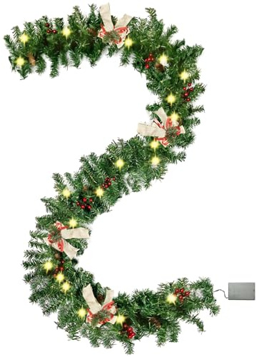 Pre-Lit Christmas Garland Decoration 9FT/2.7M Xmas Artificial Wreath Garland with Bow Pine Cones Berries for Fireplaces Stairs Home Holiday Decor