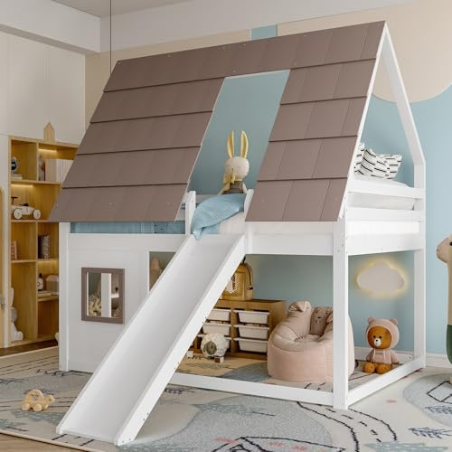 YuQozii Letto a castello 140 x 200 con tetto, scala e scivolo, bianco+marrone