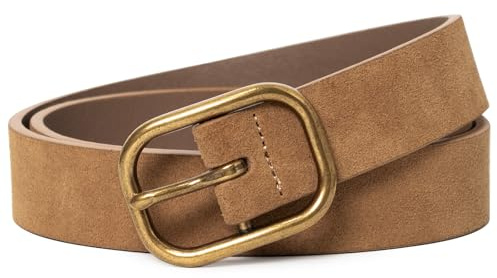 JIEDE Womens Brown Suede Belt Ladies Genuine Leather Waist Belt for High-Waist Pants Jeans & Skirts (PinBuckleSuedeBrown-28mm, M - Fits Waist 32''-38'')