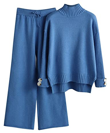 Generisch Set da donna in maglia invernale, con colletto alto, pantaloni lunghi, in due pezzi, Blu, Taglia unica